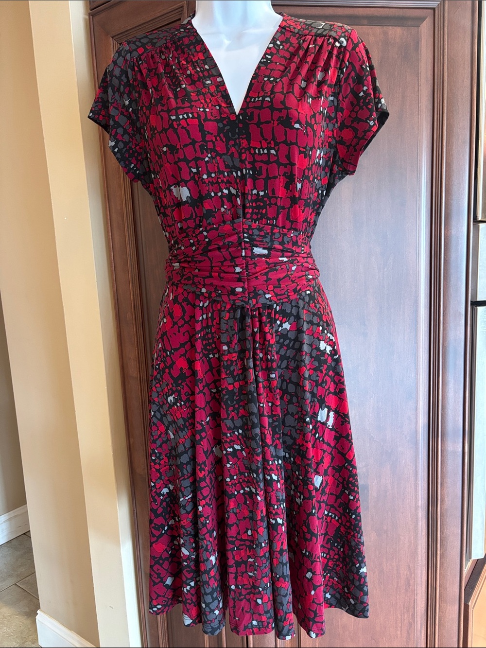 Marc Bouwer Red and Black Patterned V-Neck Fit-and-Flare Dress